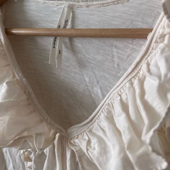 Anthropologie Cream Puff Sleeve Ruffle Long Sleeve Top Size XP Petite Cotton - Picture 2 of 5